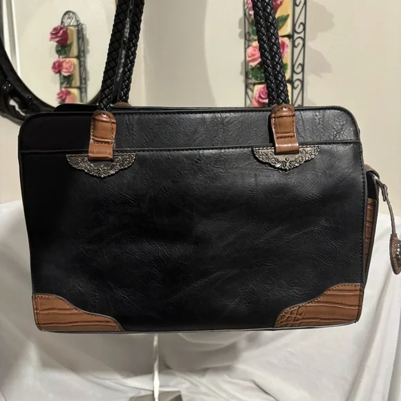 Mixed Media Black Brown Faux Leather Tote Shoulder Purse Document Bag Embossed - Picture 2 of 14